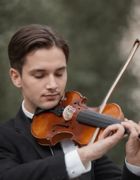 Use this image to use only the profile face for a realistic image of a musician playing classical violin as a solo with an orchestra around him. Shot from a low angle to capture the sense of nostalgia and beauty.