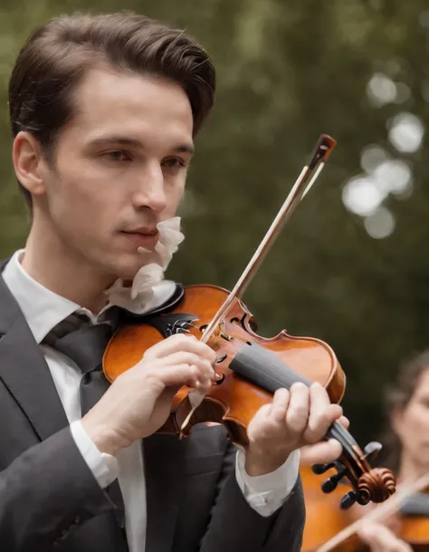 Use this image to use only the profile face for a realistic image of a musician playing classical violin as a solo with an orchestra around him. Shot from a low angle to capture the sense of nostalgia and beauty.