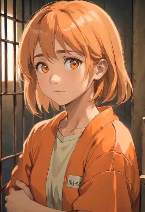 ((realismo)), extremely high quality RAW photograph, Antecedentes detalhados, intrincado, messy hair, Detalhes e texturas requintados, altamente detalhado, Foto de (Allison Mack) in a prison cell, (wearing orange prison clothes:1.3), Looking away from the ...