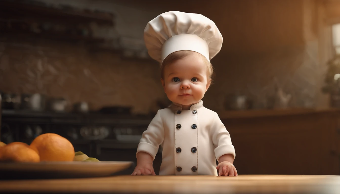 Portrait of a 3-year-old boy in white cooks outfit, chefs hat, half body, looking at the viewer, smiling, chibi style, kitchen scenery, blurry background, depth of field, detailed, cartoon, drawing with strokes of designer alex ross, unreal engine, 8k