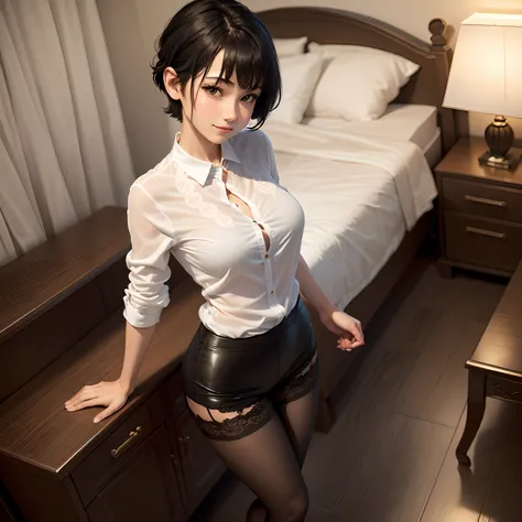 (8K, Best Quality, masutepiece:1.2), (Realistic, Photorealsitic:1.37), Ultra-detailed,((( 1 girl))),Solo,Beautifully detailed hotel suites,Night,Sitting,at hotels room,(nose blush),(Smile:1.15),(Closed mouth) Small breasts,very skinny legs,Beautiful detail...