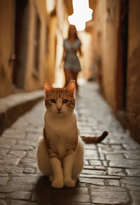 La mejor calidad, High resolution, Imagen distinta, (mucho (Detallado) Small cats) and a girl:1.3), Focus on the cat, Poco (Detallado) Gato alrededor de una chica,The background is a back alley, luz solar destasiled, sentada, Chica mirando al espectador, F...