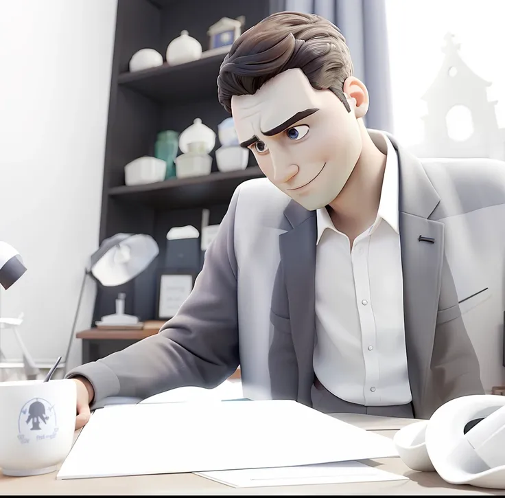 Um homem vestindo um terno como o do Jack skellington, veste uma capa de bruxo prata, Next to it is a small round table with a golden candlestick and in the background a window, cortinas cor de vinho, poses while looking at the camera sideways, cabelos pre...