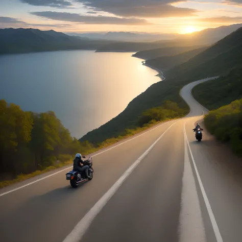 motorcyclists descending a winding road between the mountains by the sea with their motorcycles. Sunset with cloudy sky.