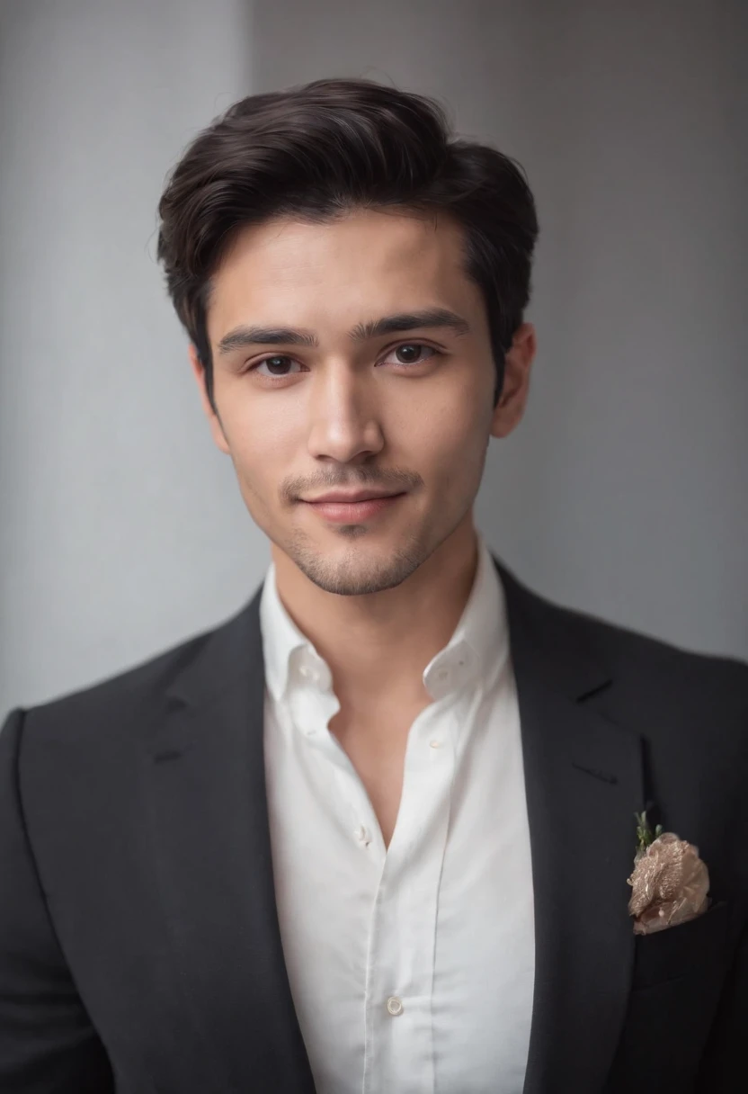 Portrait of handsome man 30 years oval face cinematic appearance、Camisa branca e jaqueta com gola、looking at the camera, hispanic, smiling, cheerful, black hair, blazer, white shirt, dark black hair, no facial hair, realistic skin