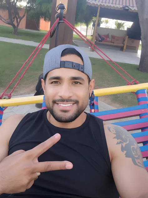 arafed man sitting on a swing with a hat on, caio santos, david rios ferreira, carmelo blandino, 3 2 years old, (38 years old), 2 7 years old, 2 9 years old, 2 5 yo, 2 8 years old, camilo gc, 38 years old, nick silva, 3 6 years old