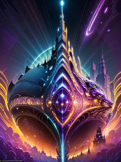 high quality, highly detailed, Picture an imaginative illustration inspired by the fusion of Gustav Doré, Yuko Higuchi, and Syd Mead, The central theme could revolve around a fantastical cityscape where mythical creatures coexist with futuristic elements, ...