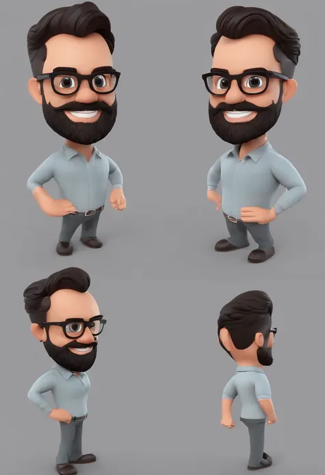 Cartoon character of a man with black glasses and a black polo shirt, cabelo liso, With beard and old school tattoo on his arm, sorridente e bonito, animation character, Caractere estilizado, animation style rendering, 3D estilizado, Arnold Maya render, 3 ...