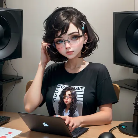 Menina branca com cabelo e olhos castanho escuro
Com rosto fofinho, com oculos delicado prata, progamadora num setup de pc branco codando em javascript e fazendo ui designer no figma