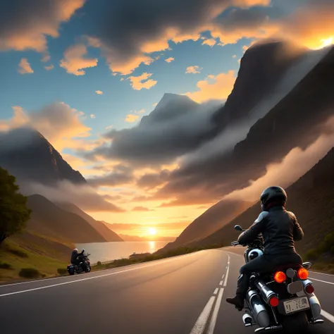 motorcyclists descending a winding road between the mountains by the sea with their motorcycles. Sunset with cloudy sky.