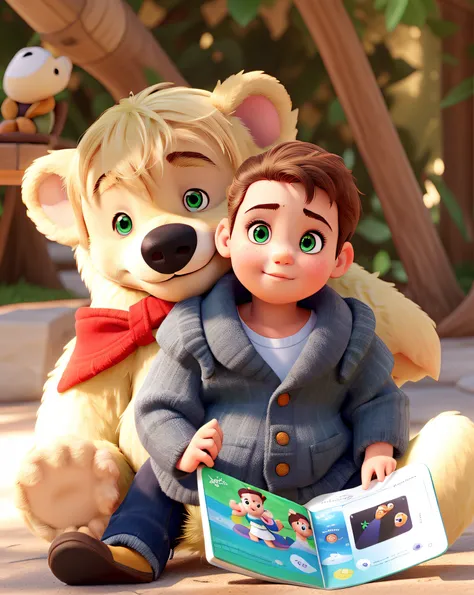 A baby with green eyes, cabelo castanho claro, A bear behind holding a Disney Pixar style book, alta qualidade, melhor qualidade