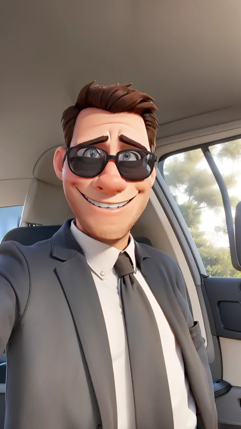 A man standing in black shirt, jeans, smiling, brown hair, smiling, showing hand, giving thumbs up as a sign of success, Estilo Disney Pixar, alta qualidade, melhor qualidade 4k