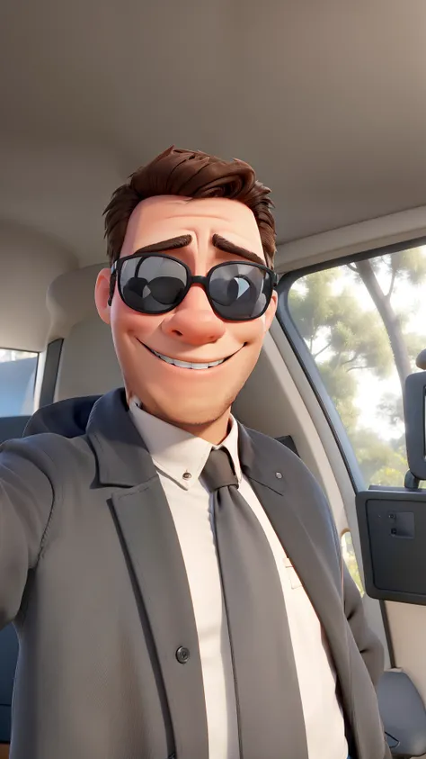 A man standing in black shirt, jeans, smiling, brown hair, smiling, showing hand, giving thumbs up as a sign of success, Estilo Disney Pixar, alta qualidade, melhor qualidade 4k