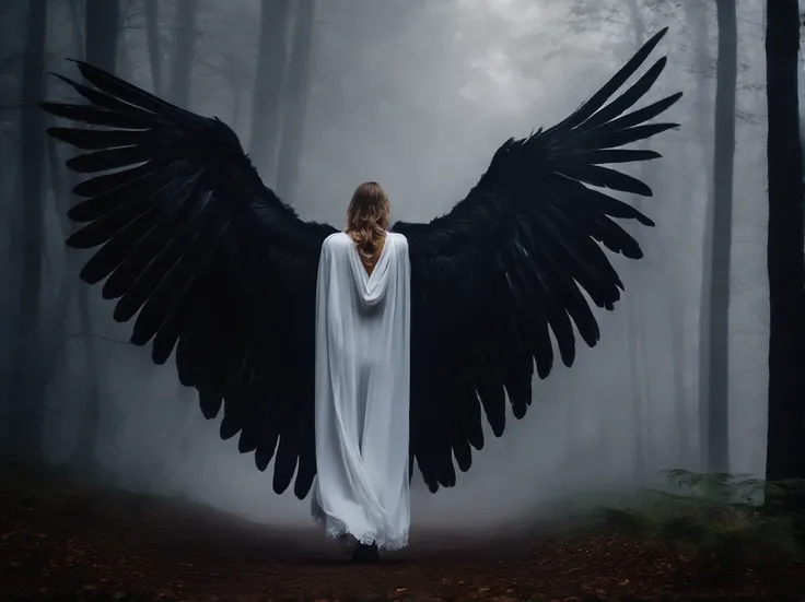 Lucifers black wings and robe Battle with the angel Michael White wings and white robe in foggy dark forest, Sie flogen mit goldenen Schwertern，Large wings flew towards each other.