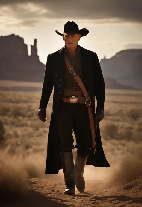 UMA IMAGEM DETALHADA DE Yul Brynner, vestido de cowboy, Tudo em Preto, Western genre, Cinematography, 8k, Dynamic dark action, pale and faded style, filmado em planta, lente quebrada, Nostalgic dream. Foco suave, vinhetas escuras, Vazamentos de luz, medium...