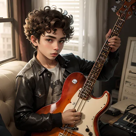 Curly-haired brunette boy with a contra bass in his hand