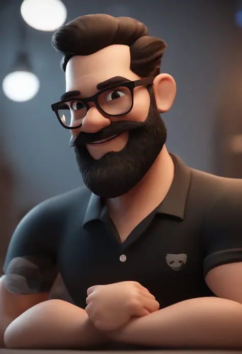 Cartoon character of a man with black glasses and a black polo shirt, cabelo liso, With beard and old school tattoo on his arm, SORRIDENTE E BONITO, animation character, Caractere estilizado, animation style rendering, 3D estilizado, Arnold Maya render, 3 ...