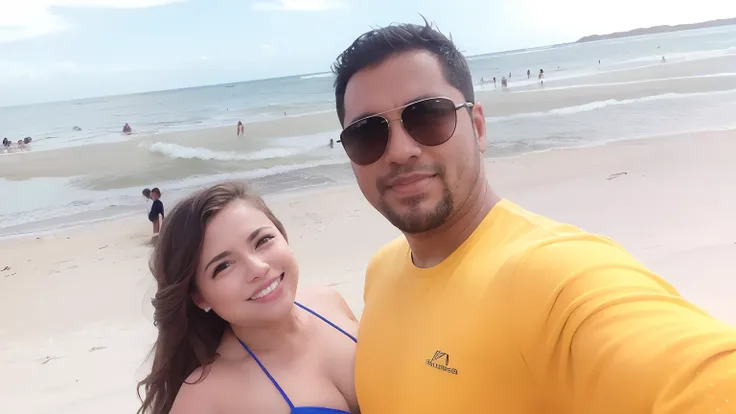 Theres a man and a woman taking a selfie on the beach, foto de praia, vacation photo, em uma praia, na praia, na praia, em uma praia ensolarada, na praia, posando em uma praia com o oceano, na praia, em uma praia, em uma praia tropical, standing near the b...