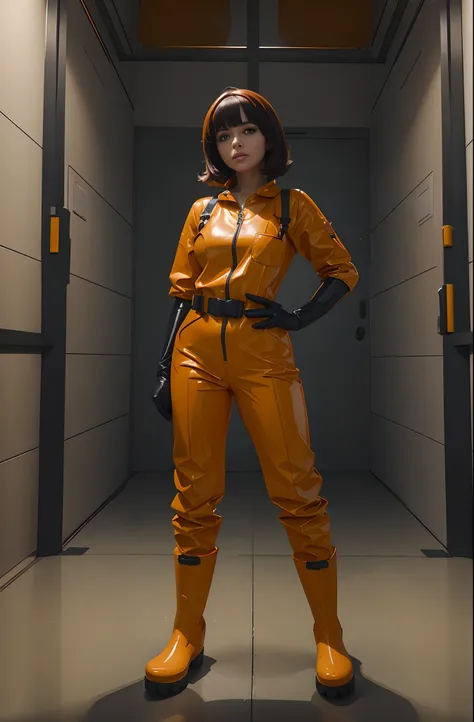 Improve her orange prison jumpsuit, her long latex gloves, her haircut and her rubber boots