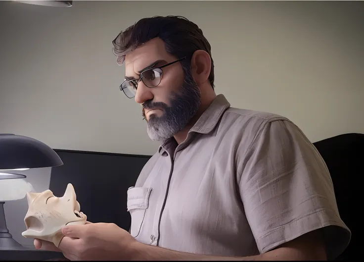 Homem com barba e cabelos grisalhos, blusa marrom clara, Holding a wolf skull, serious look, illuminated by a small lamp