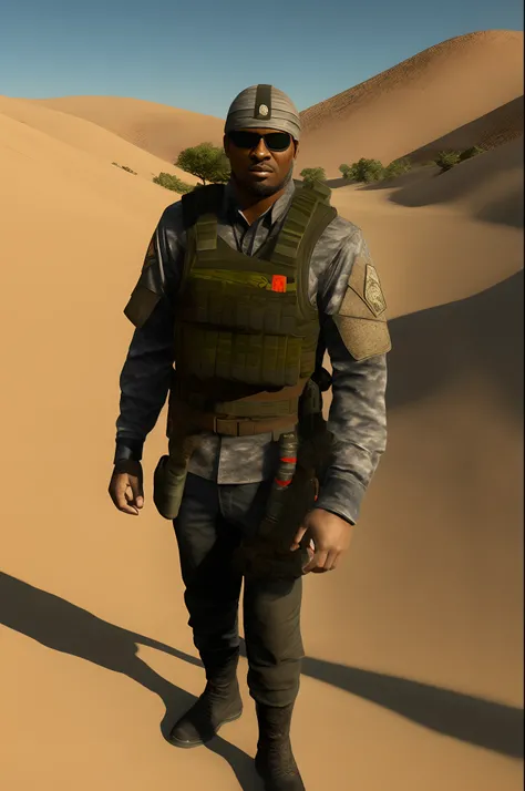 Homem, Masculino, botas pretas, Black Brown Green Camouflage Pants, Tactical Brown Vest, pistola na cintura, camiseta preta, barba curta, pele morena clara, sunglasses, Green rear-facing cap, segurando um fuzil de assalto, Desert War Scenario.