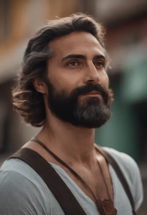 Um youtuber, imigrante em PORTUGAL, with an average age of 40 years, with a beard and little hair inspired by Pixar animation, de perto. The character takes center stage with captivating facial expressions, oferecendo um toque de irrealidade