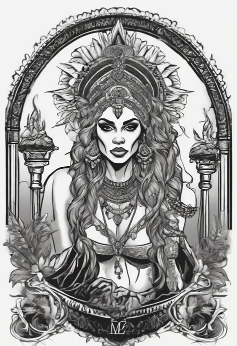 /imagine prompt: voodoo priestess illustration for a sticker with a black background, in bold outline style, jagged edges, trashcore, light shading --v 5.2