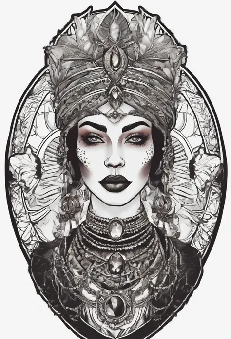 /imagine prompt: voodoo priestess illustration for a sticker with a black background, in bold outline style, jagged edges, trashcore, light shading --v 5.2