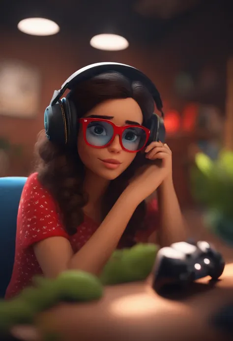 Make a Girl, com cabelos compridos pretos, de olhos castanhos, branca, Wearing red glasses, como Disney Cartoon, Shes playing video games, Pixar, ..3d, Disney