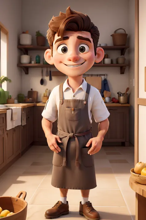 Obra-prima, de melhor qualidade, uma jovem confeiteira de cabelos cacheados castanhos claro, with a fouet in his hand and an apron written Culinary Atelier