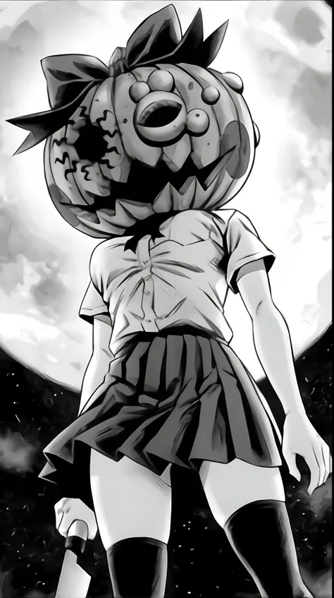 A cartoon girl in a dress and hat standing in front of a full moon, horror manga, black and white manga panel, black and white manga style, pumpkin head, black and white manga page, black and white manga, Shohei Otomo, black and white manga comic, Arte dig...