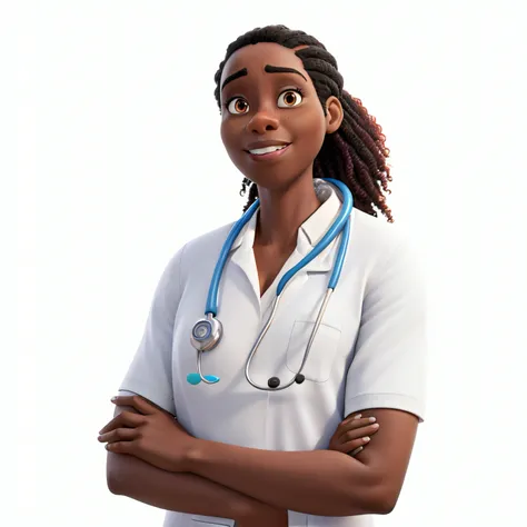 a black, Brazilian female doctor, in a lab coat, attending to an adult male patient, with black hair, undergoing a periodic examination, in high-quality Disney Pixar style