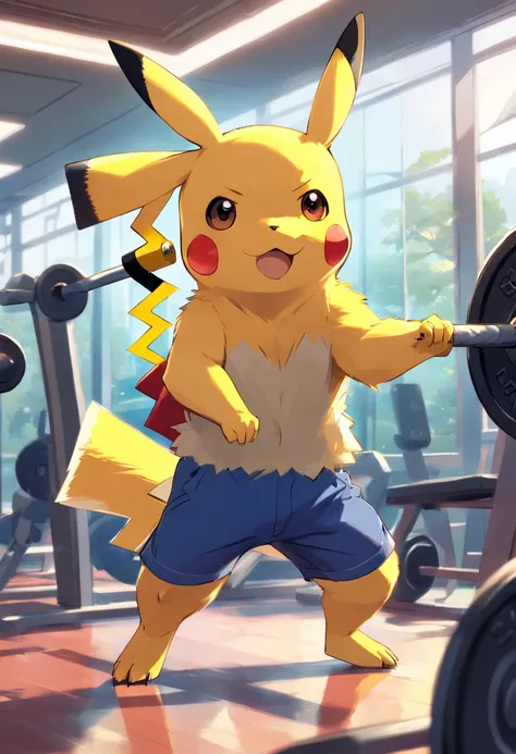 Pikachu working out hard in the gym, bodybuilder, muscular, A pokémon