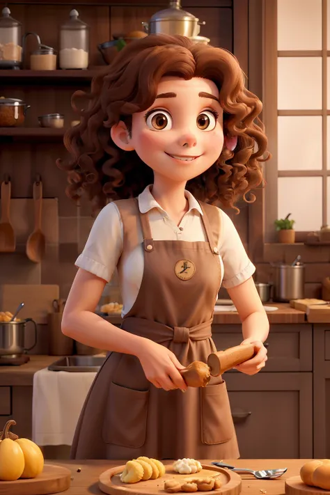 Obra-prima, de melhor qualidade, a young confectioner woman with light brown curly hair with a fouet in her hand and apron written Culinary Atelier