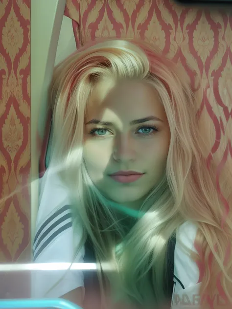 Blonde woman with long hair sitting on a train looking at camera, sem maquiagem, tired face, cabelo sobre o rosto, taken in the early 2020s, rosto levemente sujo, messy blond hair, rosto manchado, sem maquiagem cabelo ondulado, Karolina Cummings, cabelos l...