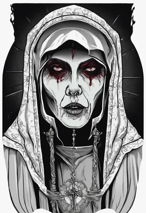 /imagine prompt: zombie nun illustration for a sticker with a black background, in bold outline style, jagged edges, trashcore, light shading --v 5.2