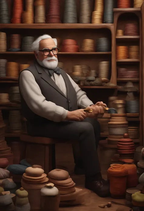 Create a Disney pixar image of a fabric store with a gray-haired old man in glasses with scissors and tape measure and a tall 40-year-old man in glasses