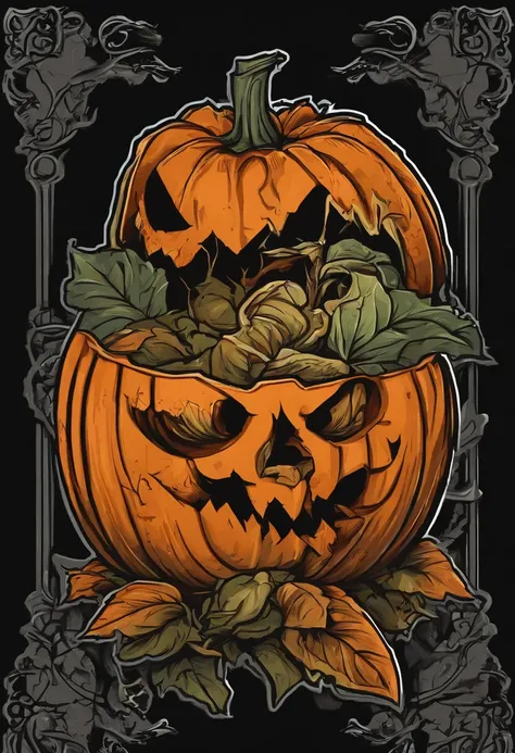 /imagine prompt: zombie pumpkin illustration for a sticker with a black background, in bold outline style, jagged edges, trashcore, light shading --v 5.2