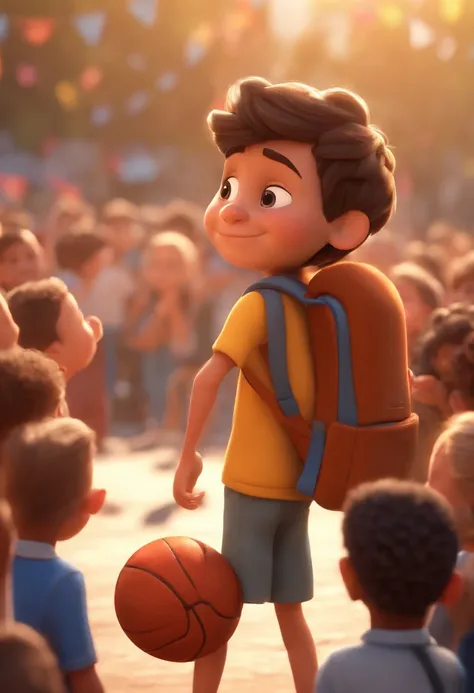 Cartoon boy with backpack and basketball in front of a crowd, 3D animated film, animation film, pixar 3 d animation style, pixar renderman rendering, Maia 8 mil, animated film, Disney Pixar Estilo 3D, brincando com um sorriso no rosto e correndo em uma qua...