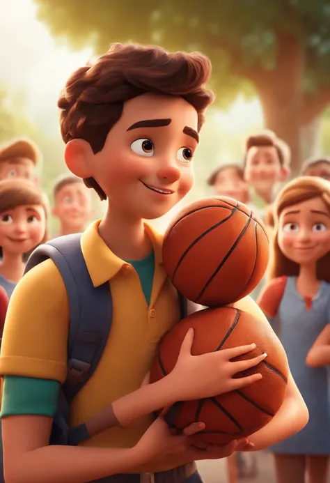 Cartoon boy with backpack and basketball in front of a crowd, 3D animated film, animation film, pixar 3 d animation style, pixar renderman rendering, Maia 8 mil, animated film, Disney Pixar Estilo 3D, brincando com um sorriso no rosto e correndo em uma qua...