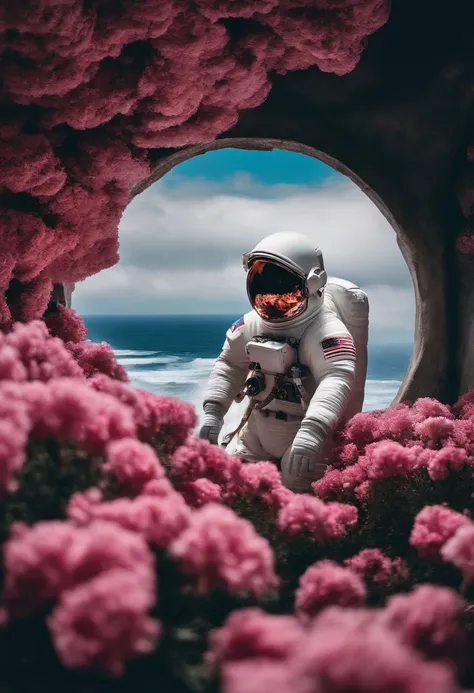 o astronauta caminha no mar de flores pontilhadas de nuvens cor-de-rosa，The astronaut who is alone，The astronaut cannot leave this planet，The astronaut is lost in space without limits.