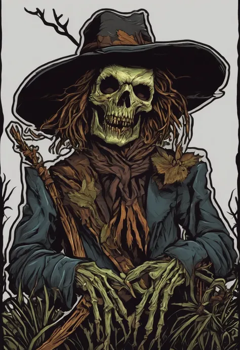 /imagine prompt: zombie scarecrow illustration for a sticker with a black background, in bold outline style, jagged edges, trashcore, light shading --v 5.2