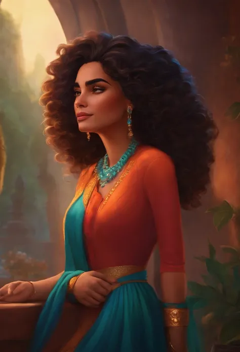 personagem estilo Pixar, mulher morena de cabelo cacheado estilosa