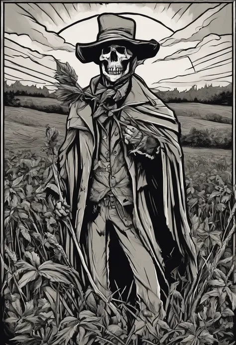 /imagine prompt: scarecrow illustration for a sticker with a black background, in bold outline style, jagged edges, trashcore, light shading --v 5.2