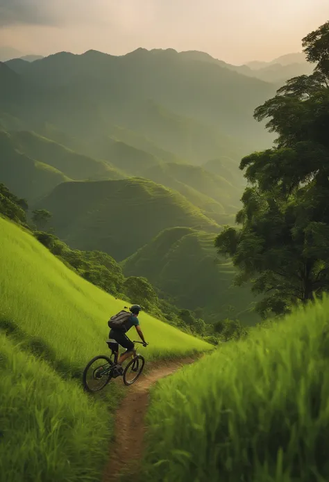 A man riding a mountain bike on top of a lush green hill next to a lush green valley full of trees; sumatraism, uma pintura fosca, Cui Bai, montanhas 8K