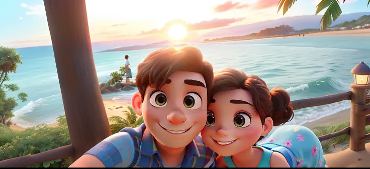 Imagem estilo dianey pixar com casal posando para uma foto na praia ao fundo, with a beautiful sunset, montanhas e praia