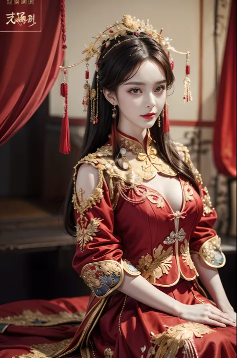 （Ultra-realistic 8K CG：1.2），Perfect artwork，delicate patterns，Complicated details，Heavy makeup，（Unbeatable masterpiece，Best quality at best：1.2），（extremly intricate：1.2），A beautiful cyberpunk woman，Woman in red and gold dress，（Expose legs1:1.2），Phoenix cro...