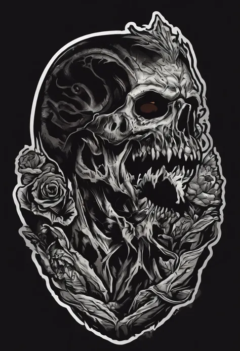 /imagine prompt: zombie ghost illustration for a sticker with a black background, in bold outline style, jagged edges, trashcore, light shading --v 5.2