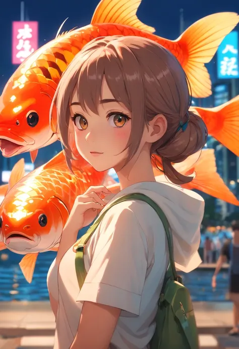 qualidade de imagem do filme，Disney Animation，style of disney animation，Disney film animation，Filmes 3D，China-style，Girl with short pigtails standing in front of a huge koi，mar de swell，profundidade de campos，Luz alta，luz real，Traching de raias，oc renderiz...