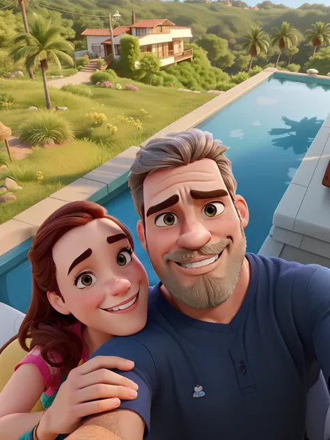 romantic couple, homem de barba com mulher tirando selfie,  igual aos filmes Disney Pixar